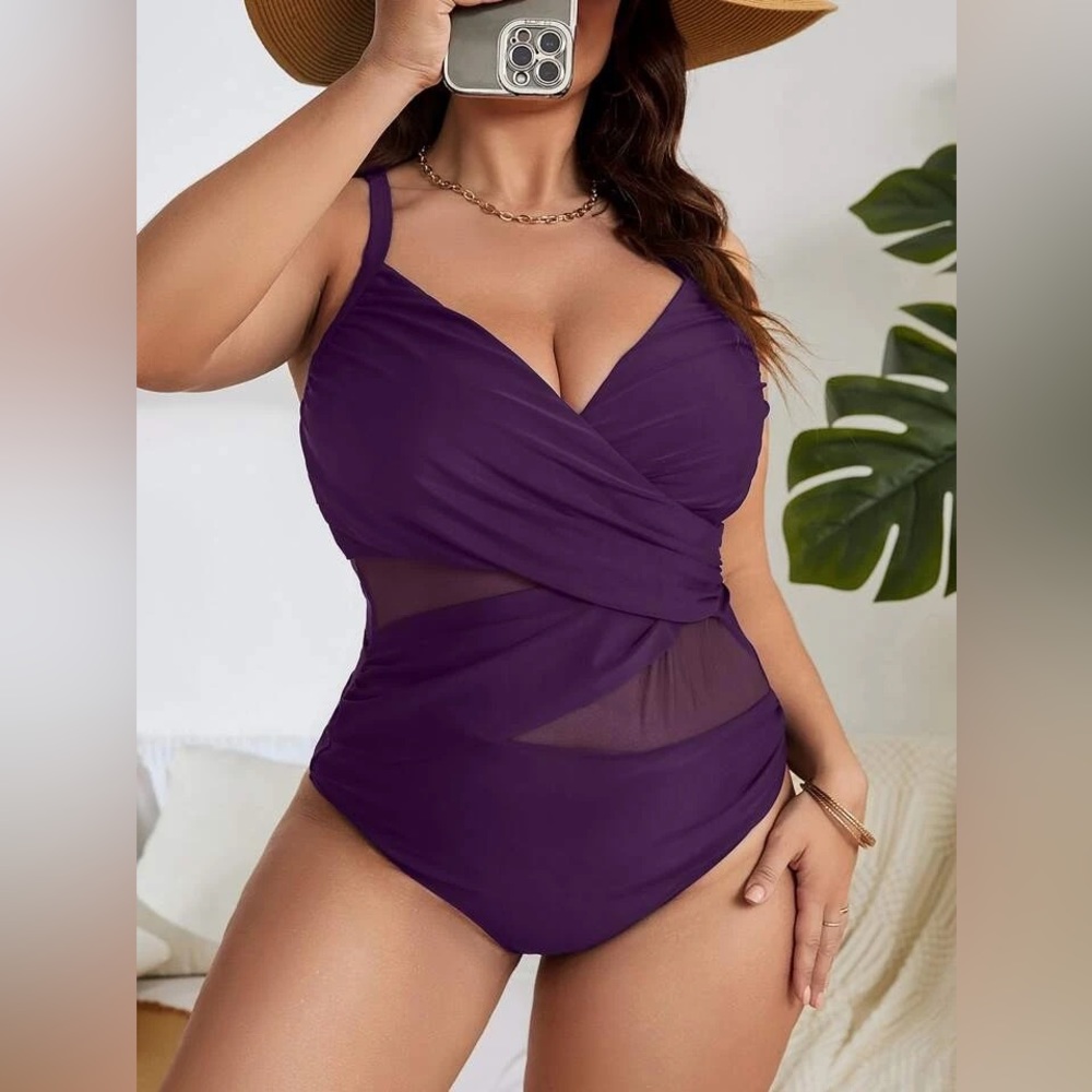 Plus Contrast Mesh Wrap Cross One Piece Swimsuit